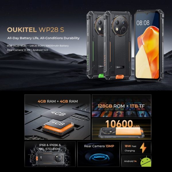 Oukitel WP28 S IP68 IP69K Rugged Phone, 4GB+128GB, Fingerprint, 6.52 inch Unisoc T606 Octa-core, NFC, OTG, Network: 4G For Sale